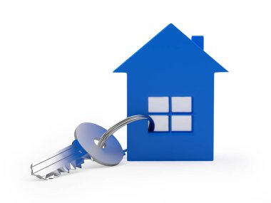 Mavi ev simgesinin olduğu anahtar beyaza izole edilmiş. 3d illüstrasyon 