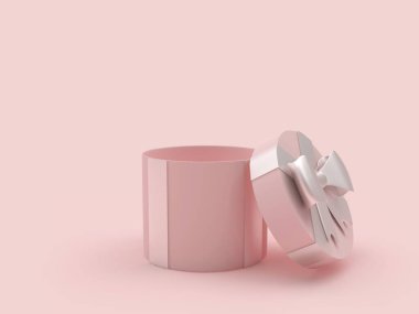 Pembe kapaklı yuvarlak hediye kutusu. 3d illüstrasyon