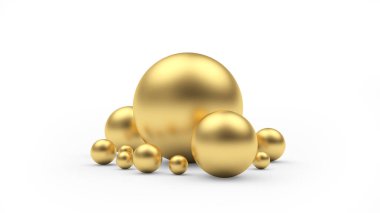 Beyaza izole edilmiş çeşitli boyutlarda altın küreler. 3d illüstrasyon