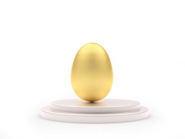 Beyaz üzerine izole edilmiş yuvarlak bir kaide üzerinde altın Paskalya yumurtası. 3d illüstrasyon 