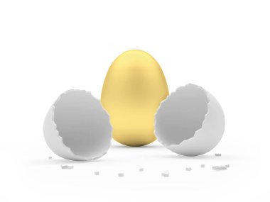 Kırık beyaz yumurta kabuğunun iki yarısı, bütün bir altın yumurtanın yanında. 3d illüstrasyon