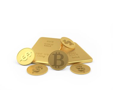 Dolar sikkeleri ve beyaza izole edilmiş altın külçeleri olan bitcoin. 3d illüstrasyon