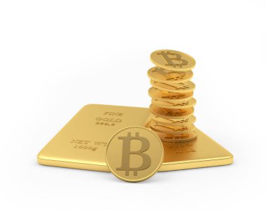 Bitcoin sikkeleri beyaza izole edilmiş altın külçelerine dökülüyor. 3d illüstrasyon 