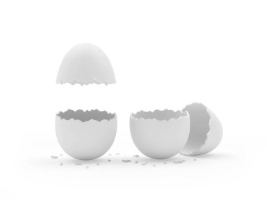 Beyaz üzerine iki tane kırık yumurta kabuğu. 3d illüstrasyon 