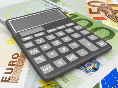 Avro banknotları yığınının hesap makinesi. 3d illüstrasyon 