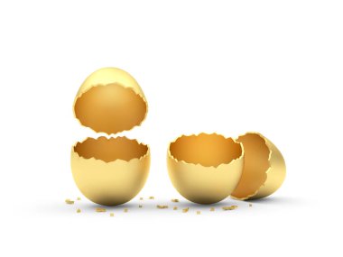 Beyaz üzerine iki altın kırılan yumurta. 3d illüstrasyon 