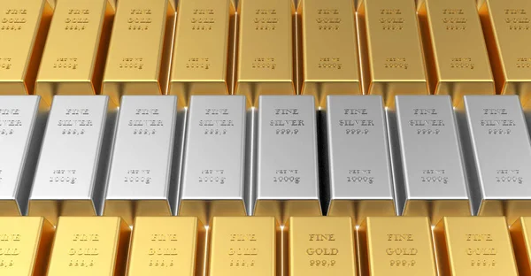 Gold and silver bars are stacked in rows. 3d illustration