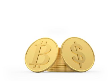 Bitcoin 'li sikkeler ve beyaz üzerine izole edilmiş bozuk paraların olduğu dolar işaretleri. 3d illüstrasyon
