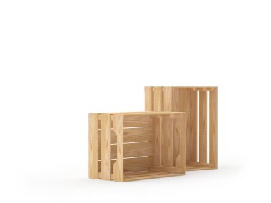 Beyaza izole edilmiş iki boş tahta kutu. 3d illüstrasyon