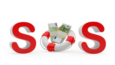 Avro banknotları ile SOS işareti ve can simidi. 3d illüstrasyon 