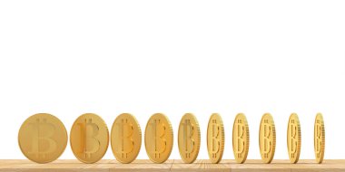 Bitcoin para beyaz üzerine ahşap bir yüzey üzerinde farklı açılarda döndürme açıları. 3d illüstrasyon