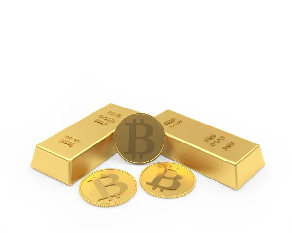 Zwei Goldbarren Mit Bitcoin Münzen Isoliert Auf Weiß Illustration — Stockfoto