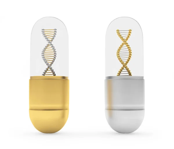 Two Medical Capsules Gold Silver Dna Spirals Illustration — Stock Photo, Image