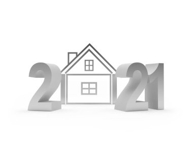 Beyaz üzerinde ev sembolü olan gümüş numara 2021. 3d illüstrasyon