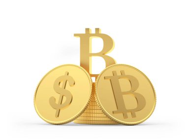 Bitcoin ve bir yığın bozuk para ve beyaz üzerine bitcoin sembolü. 3d illüstrasyon