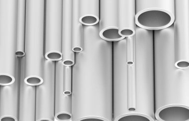 Dikey yığında metal borular yığını. 3d illüstrasyon 