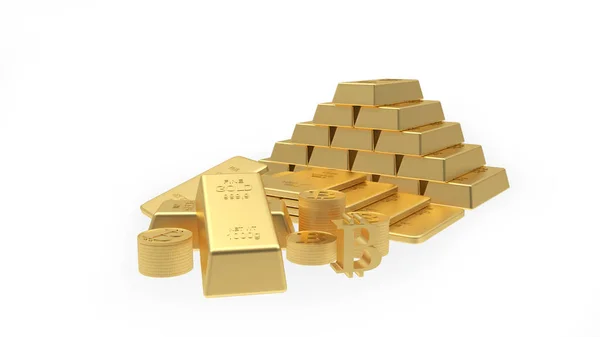 Goldbarren Stapeln Sich Einer Pyramide Mit Münzen Und Bitcoin Zeichen — Stockfoto