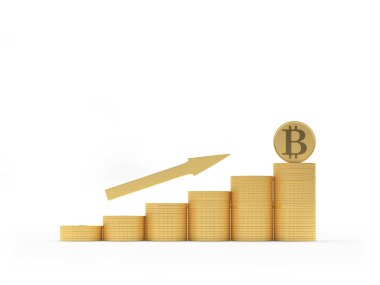 Altın sikke grafiğinde Bitcoin para ve beyaz üzerine izole edilmiş ok. 3d illüstrasyon