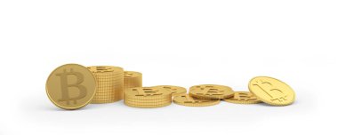 Beyaz üzerine izole edilmiş altın bitcoin paralar. 3d illüstrasyon