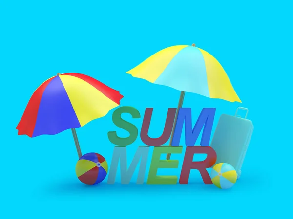 Kolorowy Tekst Lato Parasolami Plażowymi Kulkami Niebiesko Ilustracja — Zdjęcie stockowe