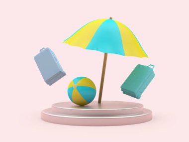 Plaj şemsiyesi, bavullar pembe kürsüde. 3d illüstrasyon 