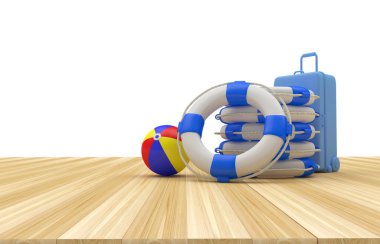 Tahta bir yüzey üzerinde seyahat valizi olan bir yığın cankurtaran. 3d illüstrasyon