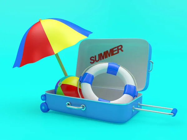 Open Travel Suitcase Filled Beach Accessories Text Summer Blue Illustration — Stockfoto