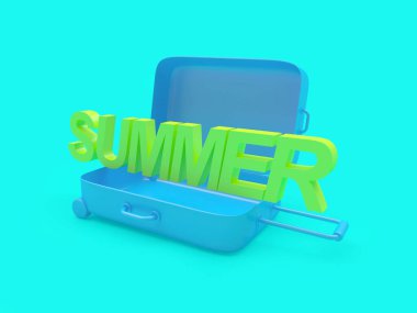 Mavi üzerine yazlık mesaj olan seyahat valizini aç. 3d illüstrasyon 