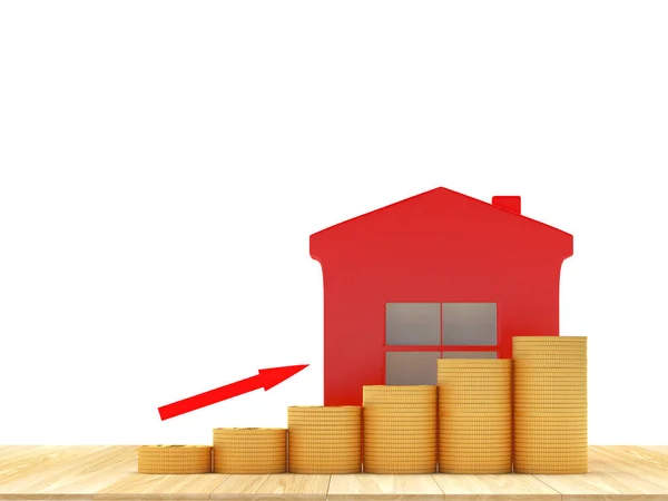 红色房子图标与硬币图形和箭头隔离在白色 3D说明 — 图库照片