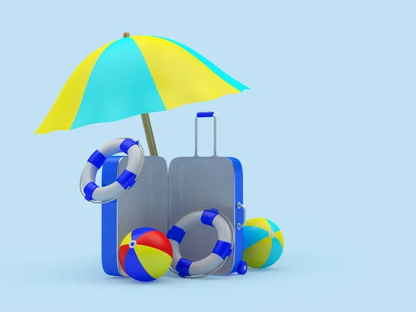 Open Vertical Travel Suitcase Beach Accessories Beach Umbrella Blue Illustration — Φωτογραφία Αρχείου