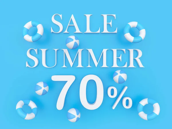 Blue Banner Text Summer Discount Seventy Percent Beach Balls Lifebuoys —  Fotos de Stock