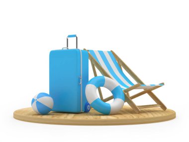 Güverte sandalyesi ve kürsüde can simidi olan bir valiz. 3d illüstrasyon 