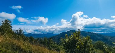 Güneşli bir günde Ukrayna Karpatlarının güzel dağ manzarası.