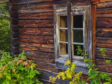 Sonbahar ormanlarında ahşap bir evin penceresi