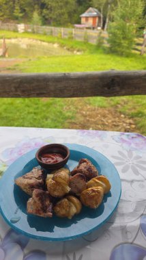 Sos ve sebzeli kızarmış tavuk.