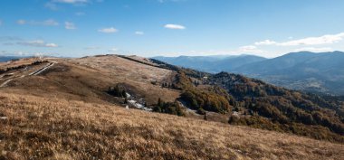 Sonbahar manzarası, renkli ağaçlar ve mavi gökyüzü ile dağda.