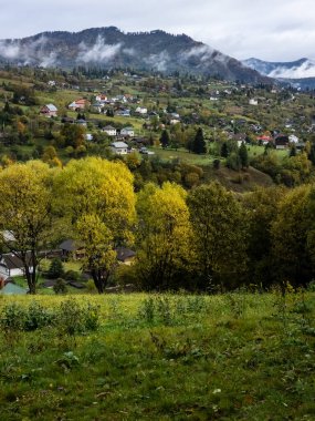 Ukrayna 'daki Karpat Dağları' nda sonbahar manzarası. Borovsk köyü. bir dağ yolundaki köy.