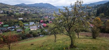 Yeşil çimenli dağlarda bir köy