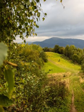 Dağlarda bir yolu olan sonbahar manzarası