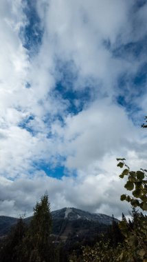 Ağaçlar ve çalılarla kaplı bir dağ manzarasının üzerindeki bulutlar