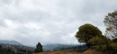 Sisin içinde dağlar ve ağaçlar olan bir manzara.