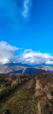 Arka planda bulutlu bir gün ile dağ sırasının güzel bir görüntüsü.