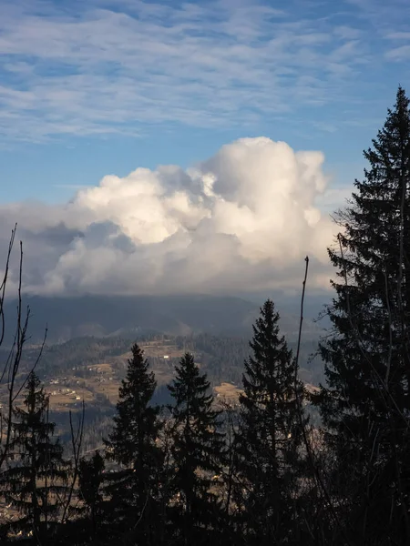 Bulutlu bir kış gününde Karpatların yüksek irtifasından manzara