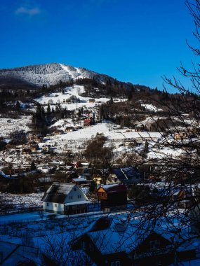 Karlı güzel kış manzarası - dağlarda tepeli ağaçlar