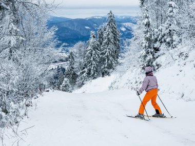 Genç bayan kayakçı karda kayak yapıyor.