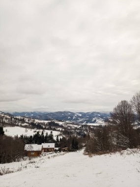 Bir dağ ve arka planda küçük bir köy olan güzel bir manzara.