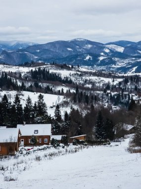 Karpat Dağları 'ndaki karlı kış köyü, Ukrayna