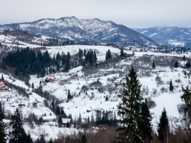 Ukrayna 'daki Karpatlar' ın tepeden dağ köyüne manzarası