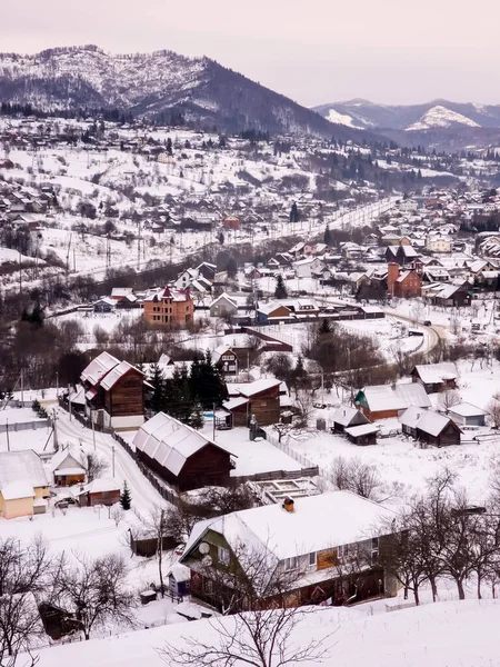 Güzel kış manzarası karla kaplı evler.