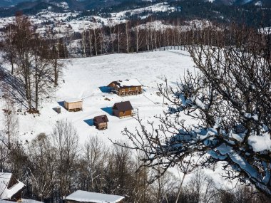 ahşap evler ve dağ manzarası